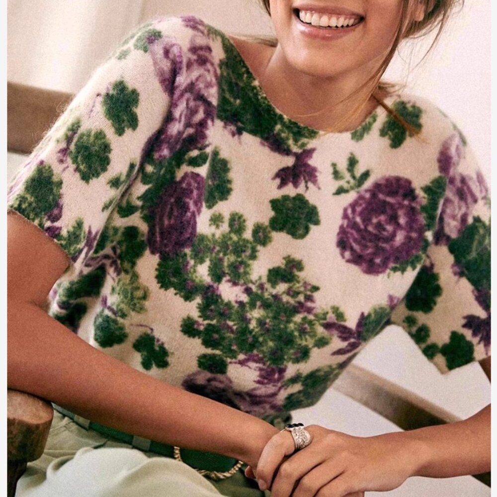Sezane Cream Floral Short-Sleeve Sweater with Green and Purple Roses